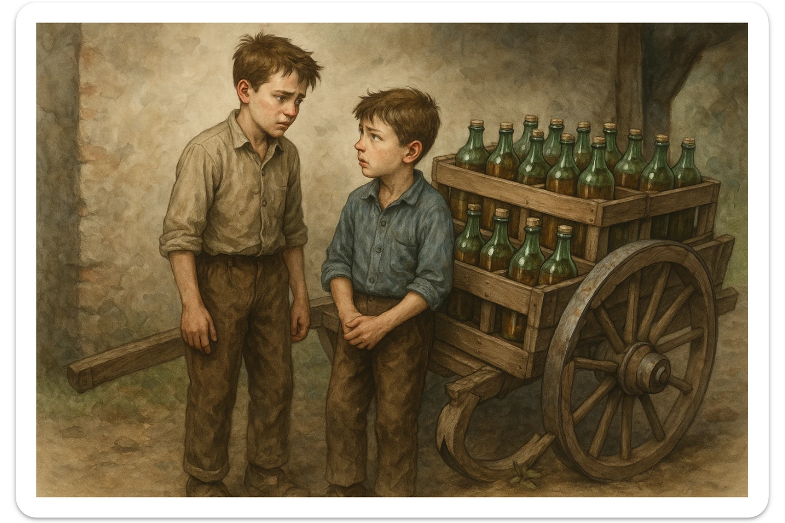 Bir g'ildiragi singan ichimliklar ortilgan arava uning yonida aka uka bir biriga havotirli nigoh bilan qarab turibdi  sticker