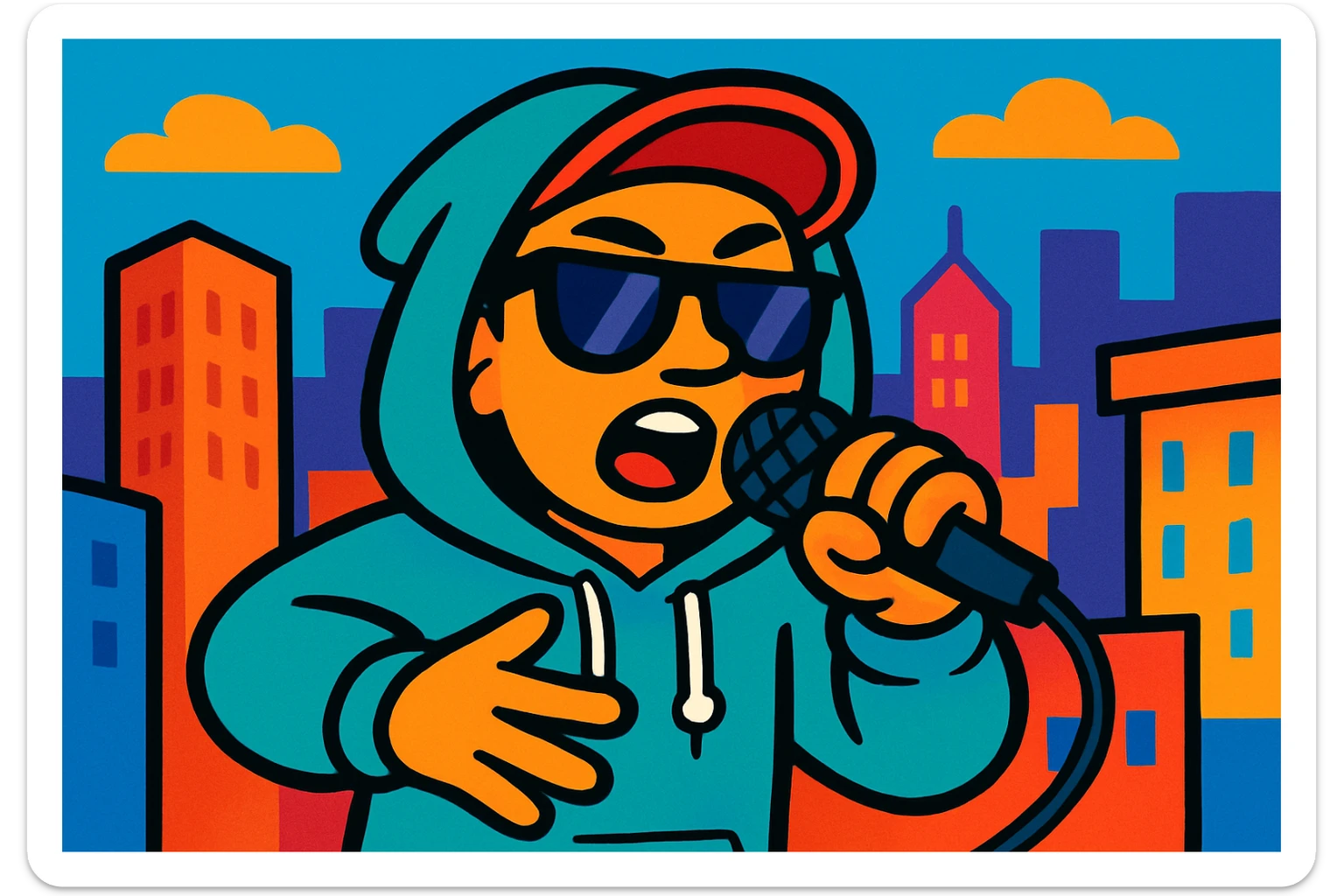 hip hop Chinese American character rapping into a microphone, wearing hoodie and sunglasses, cityscape elements, bold colorful style sticker