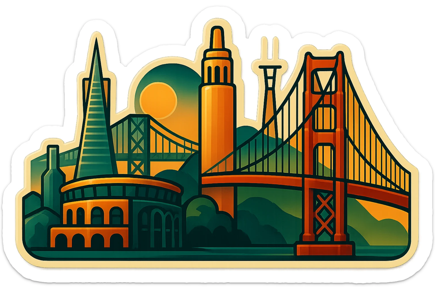 Add iconic San Francisco Bay Area buildings to the retro art deco logo: include the Transamerica Pyramid, Oracle Park stadium, Coit Tower, and Sutro Tower, blending them into the existing skyline in the same retro stickers style, no text, keep the 3.5:1 ratio and vintage color palette, with no background. sticker