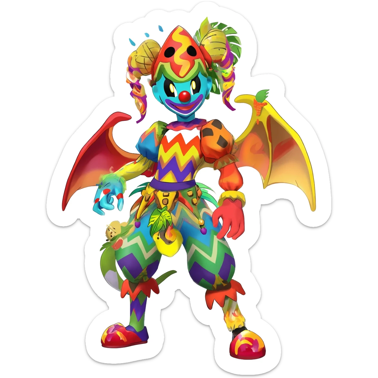zig-zag-patterned clownish colorful exotic fruity tribal tropical hot swirl-marked Meloetta-Dialga-Salamence-Giratina-Noivern-Pokémon-Fakémon-fusion-hybrid-creature sticker