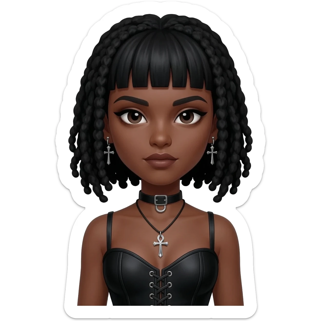 goth black girl with black corset, with brown skin, cross earrings, ankh necklace with center parted black micro locs with bangs, whole white face paint sticker