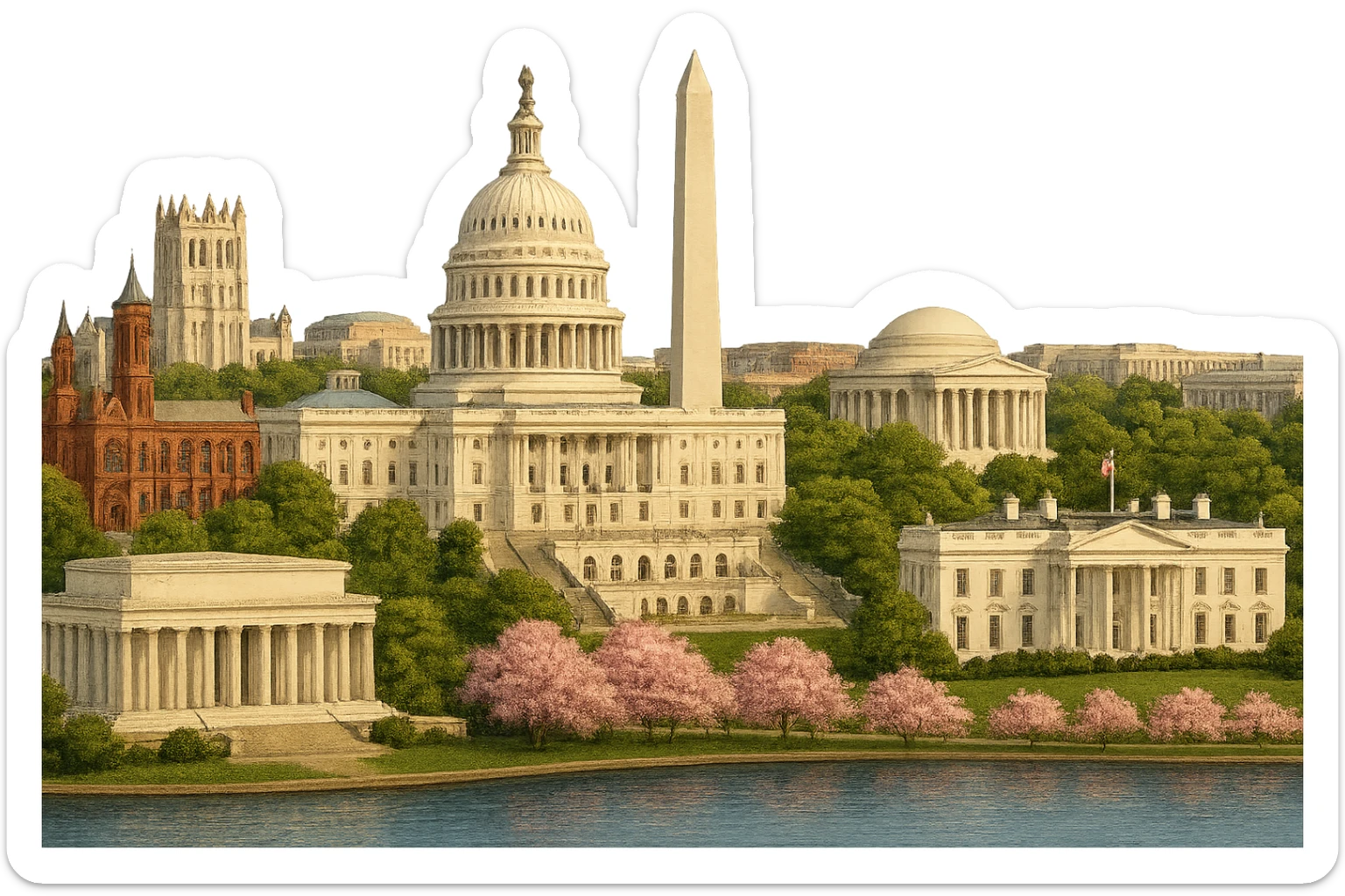 cinematic realistic emoji of Washington DC, wide city view with iconic landmarks: US Capitol, Washington Monument, Lincoln Memorial, Jefferson Memorial, White House, Smithsonian Castle, National Cathedral, Supreme Court, and the Tidal Basin with cherry blossoms. Lifelike detail, accurate colors, bright daytime lighting, no sky, no clouds, no city name label, transparent background sticker