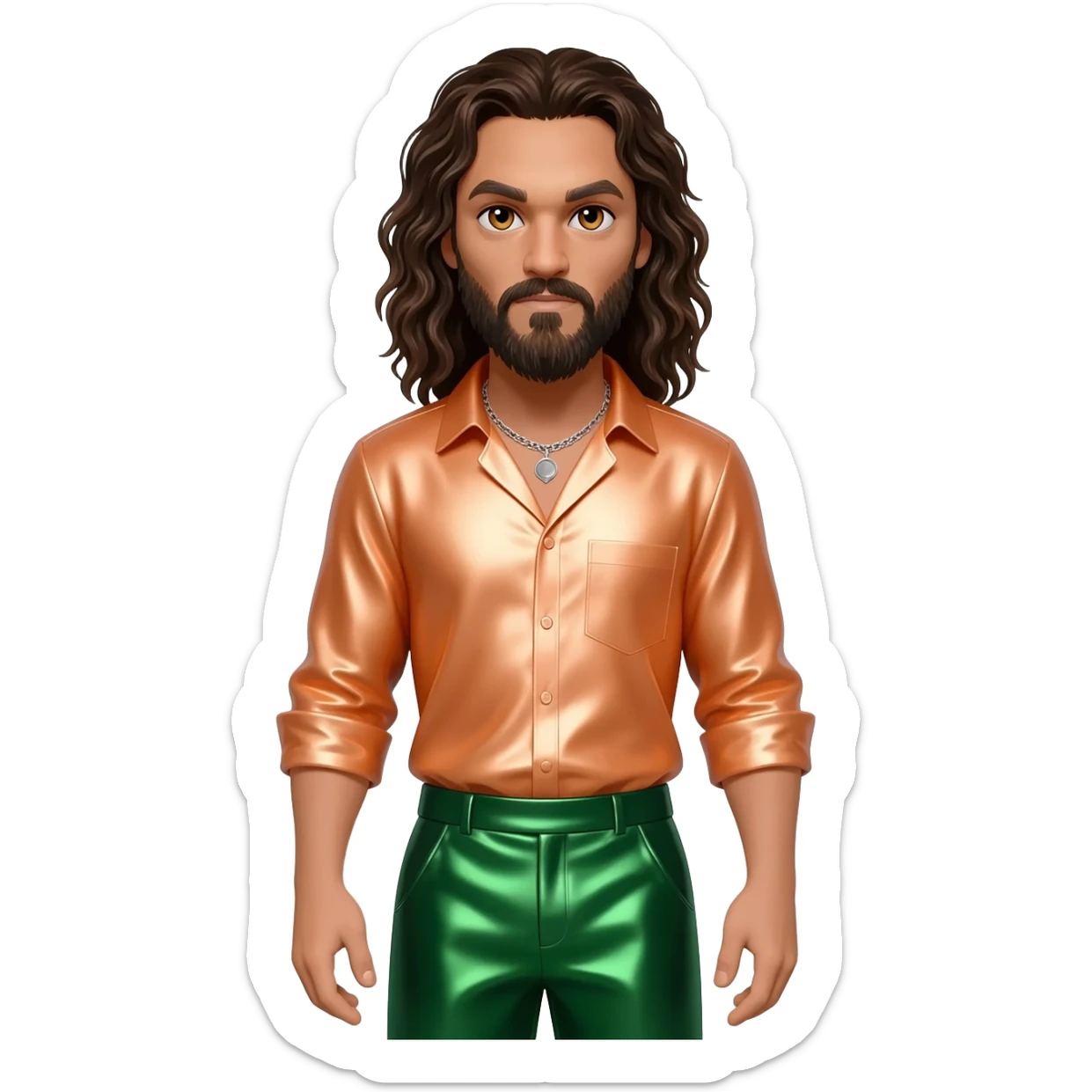 Jason Momoa with hazel eyes, dark brown long hair, light orange metallic shirt, green metallic baggy pants, silver necklace sticker