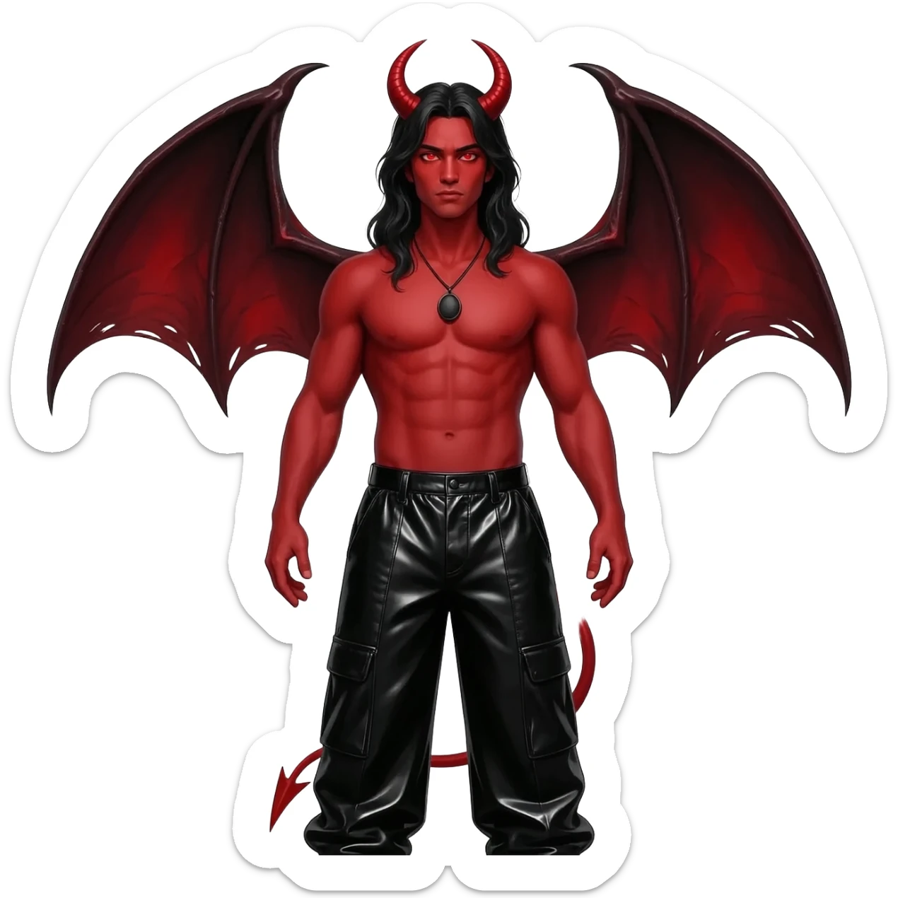 Satan from Christian Mythology with red skin, red eyes, long black hair, black vinyl baggy pants, shirtless with black necklace sticker