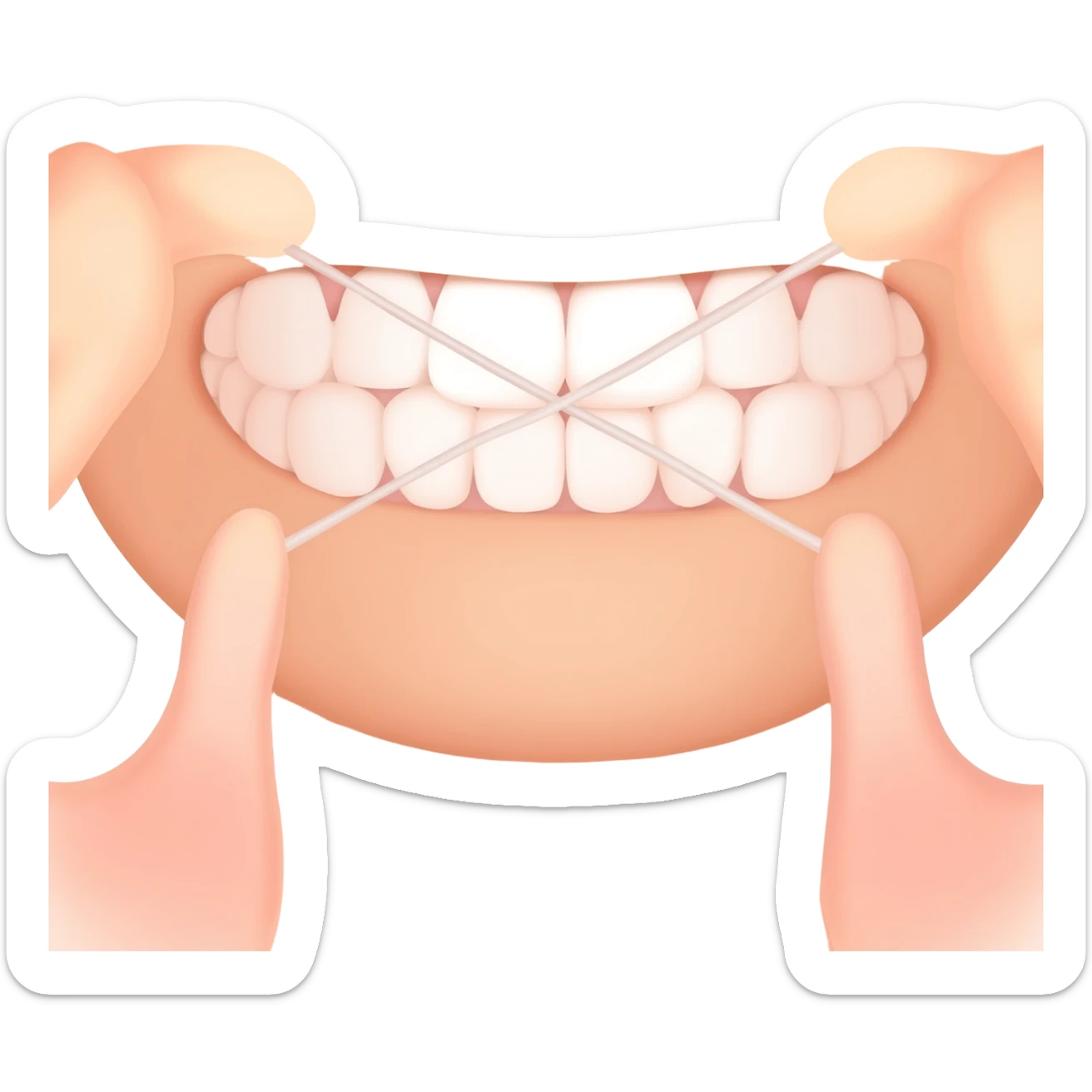 Macro close-up of a front teeth, floss stretched between hands, bright white teeth, natural lighting, shallow depth of field, dental hygiene concept, ultra realistic, sharp focus. sticker