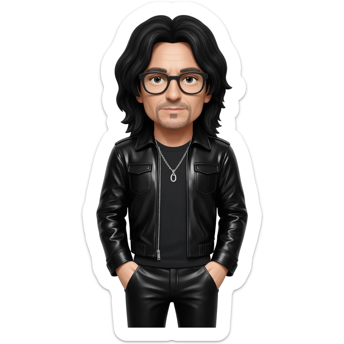 Bono with long black hair, black shirt, black vinyl jacket, black vinyl baggy pants, sliver necklace, black glasses sticker