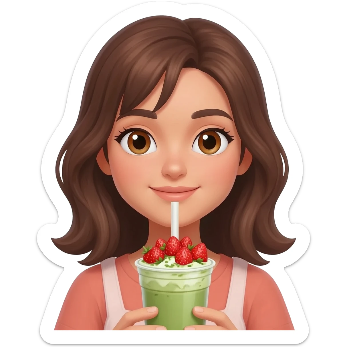 Brown hair girl white hazel eyes slight tan holding strawberry matcha sticker