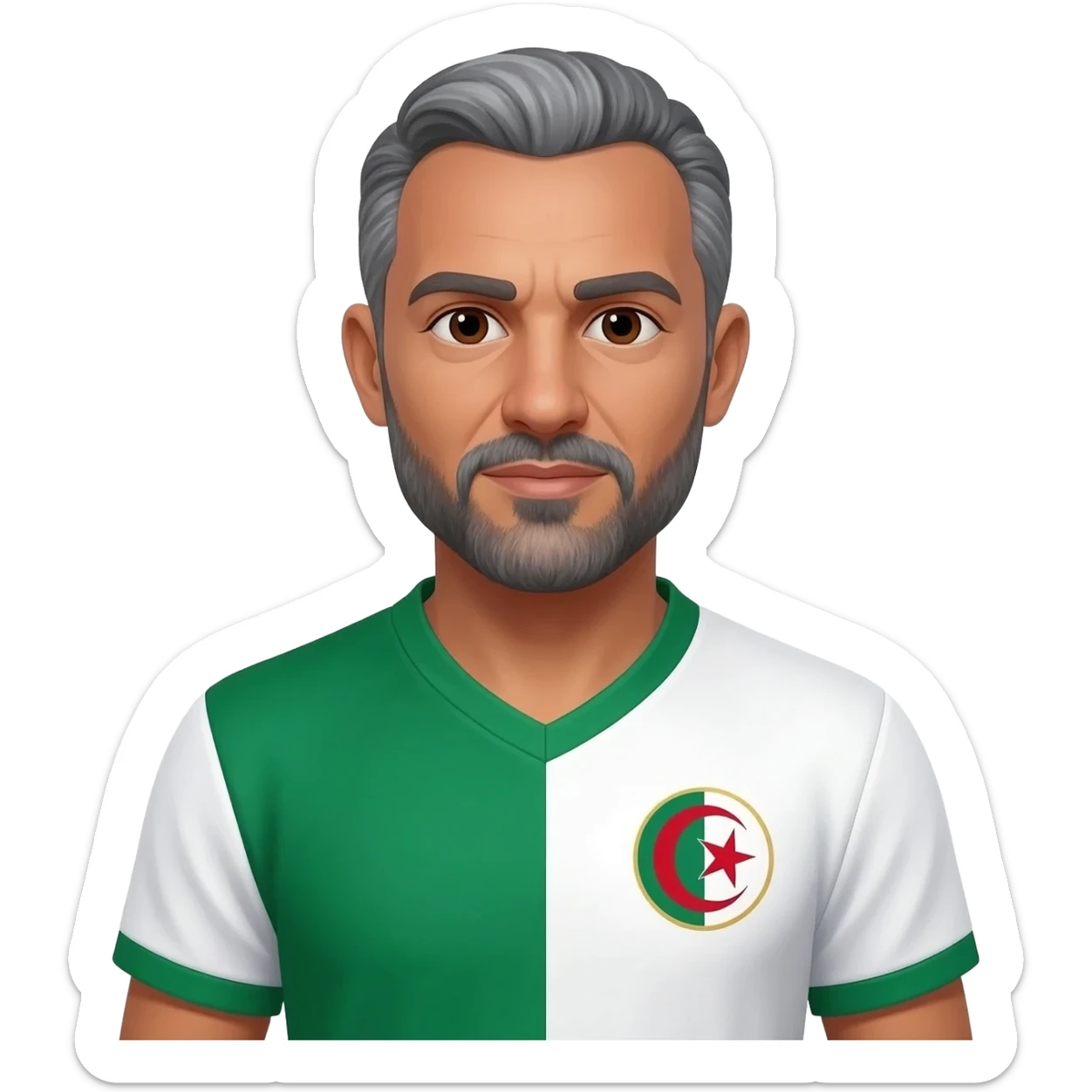 homme métisse algérien peau claire yeux marrons 60 ans cheveux gris avec barbe avec maillot blanc et vert foot Algérie sticker
