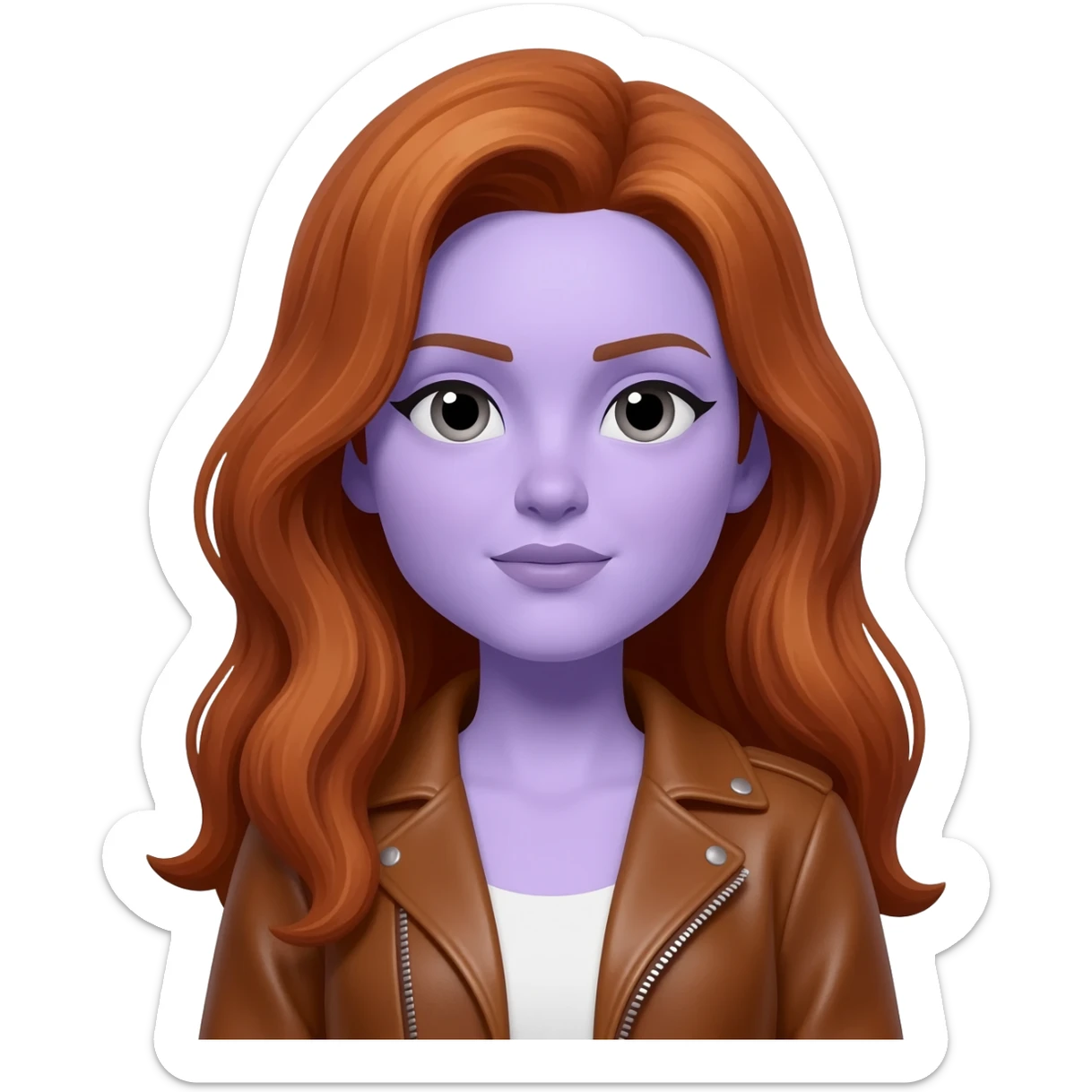 woman with long auburn hair and pale lavender skin, wearing brown leather jacket sticker