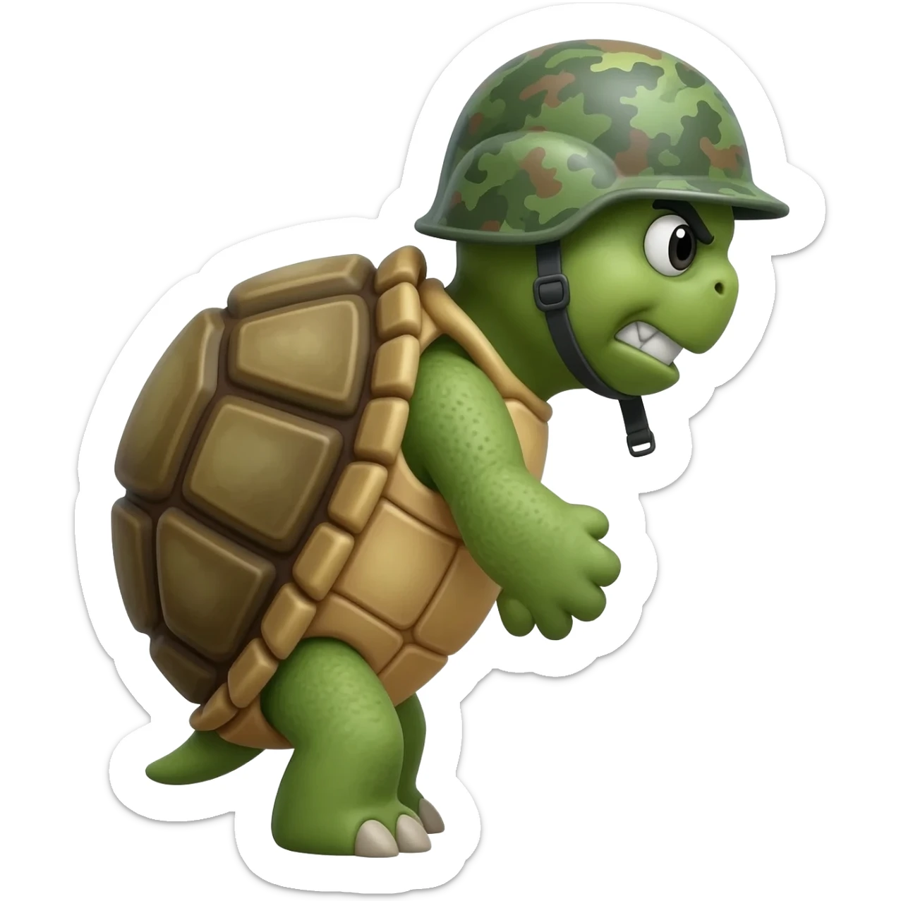 google/android style 2d flat side view turtle emoji, with army combat helmet and war face sticker