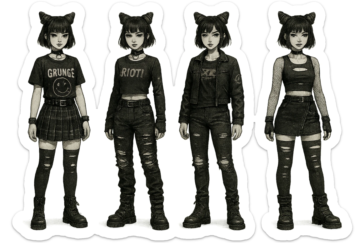 outfit designs for a VTUBER OC. The style is mixed 90's grunge, punk, lots of black and white in the color scheme, futuristic aesthetic. Clothing has small rips and tears from wear, logos and designs are faded. Garage, Shoegaze, postmodern style. character design concept art outfits for a female sticker