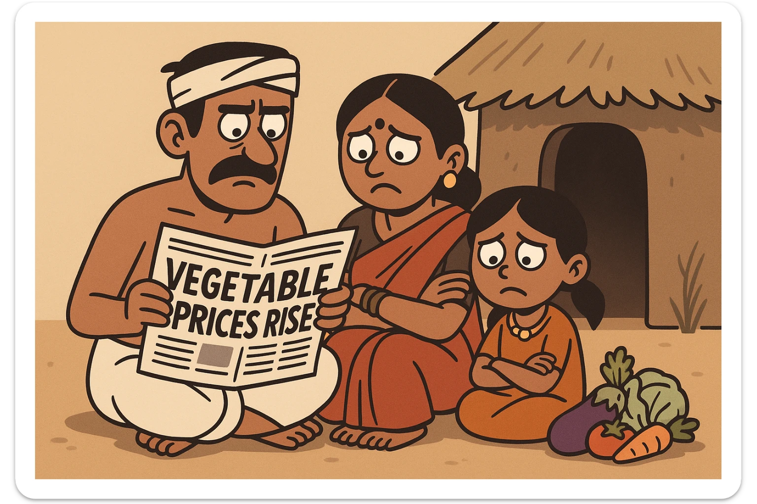 cartoon-style image of a tribal Indian family sitting outside their hut, looking at a newspaper headline about rising vegetable prices, worried expressions, small pile of vegetables sticker