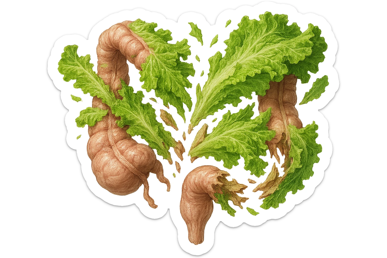 foglie di insalata che attaccano un intestino anatomico umano per distruggerlo sticker