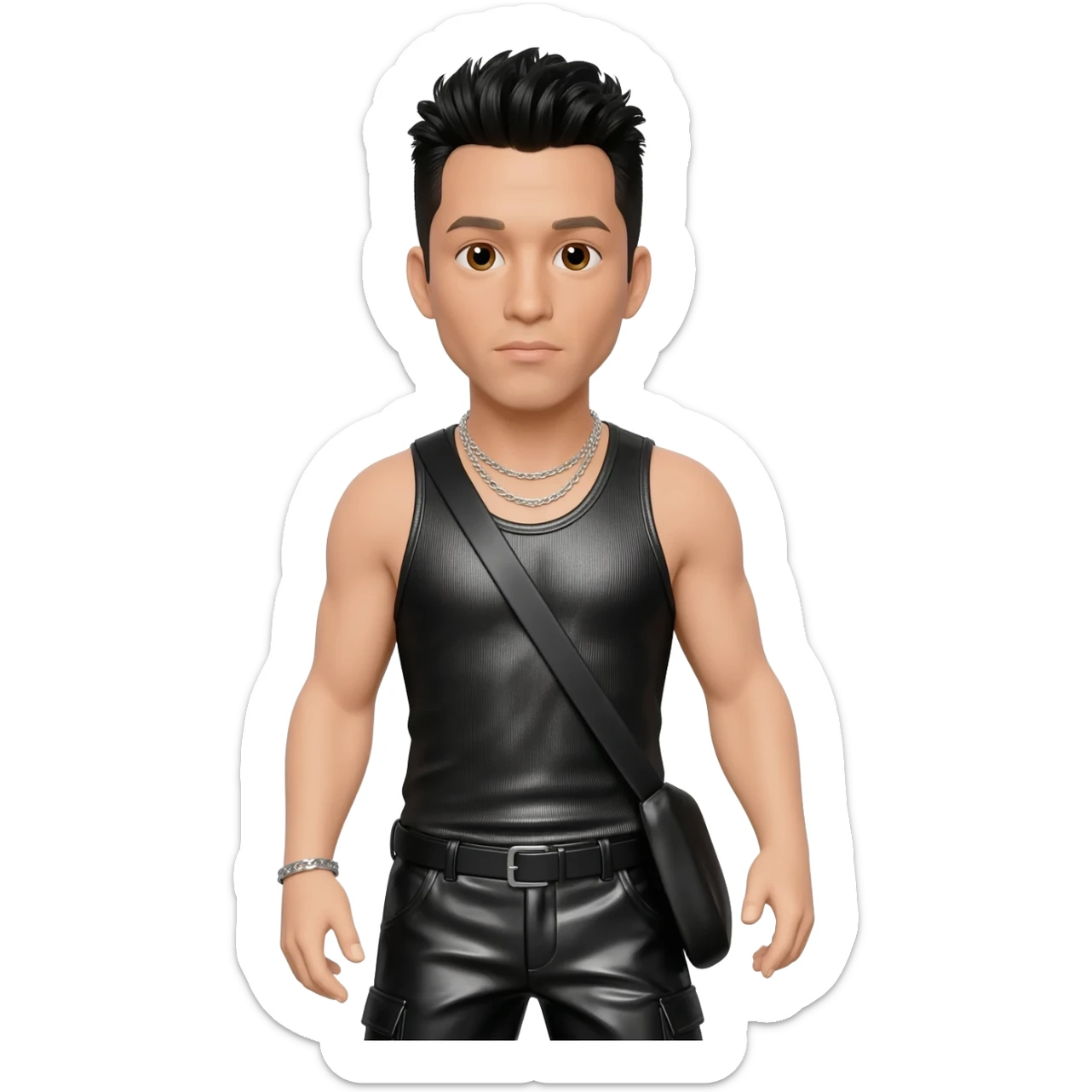 Danny Wood from NKOTB with brown eyes, black hair, black metallic tank top, black metallic baggy pants, silver necklace sticker