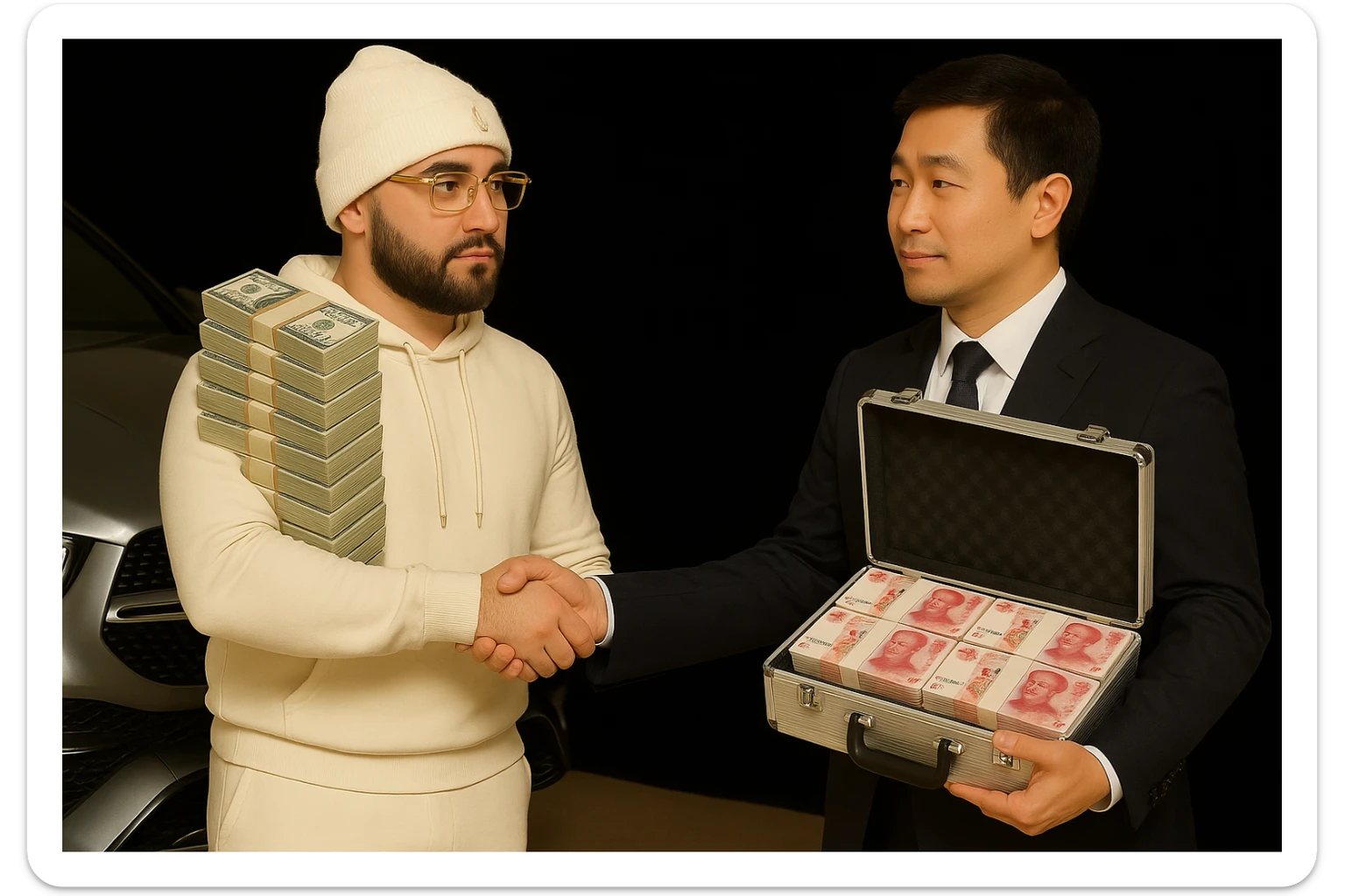 Edit the image of the Asian man holding money by replacing the money with a briefcase full of money that clearly indicates it is from China. Change the glasses on the man in the white hoodie to Cartier glasses. Keep the car in the background unchanged. Maintain the main person's white skin tone, black goatee and facial hair, and white hoodie as in the original image. sticker