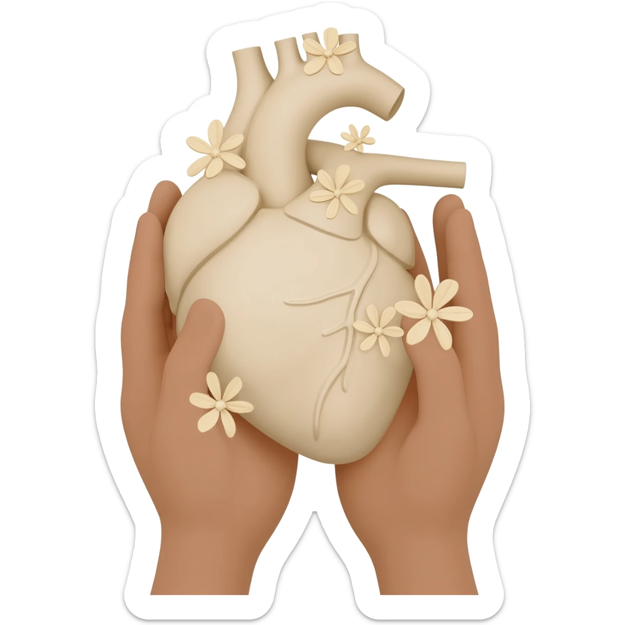 hands are holding light beige human heart with beige flowers sticker
