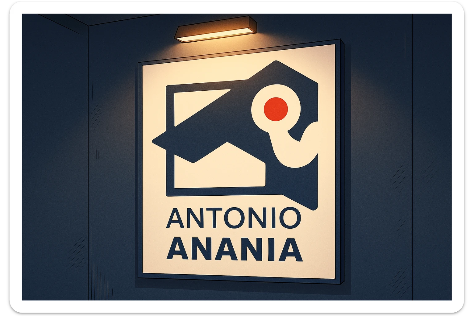 su questo stile fai un manga/webtoon a colori in cui mostri quella parete dietro dello studio con il suo logo e la scritta "ANTONIO ANANIA" SOTTO IL LOGO, LUCE CHE ILLUMINA IL LOGO sticker