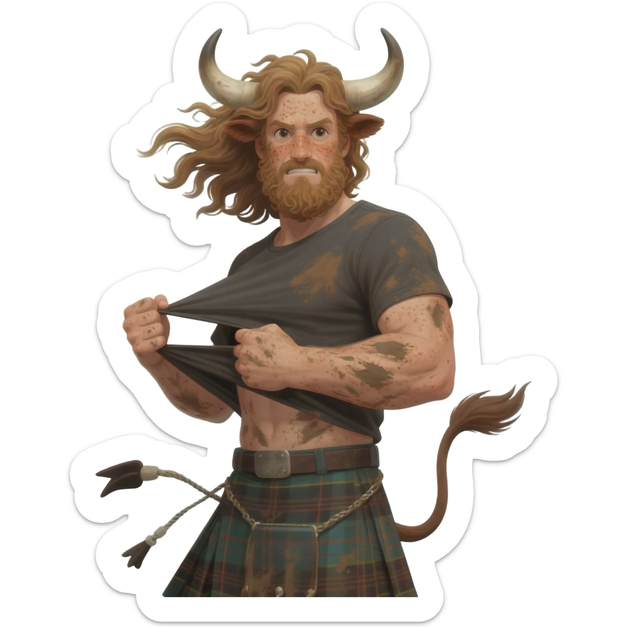 big buff curly hairy man covered in dirt with freckles with messy light brown bangs that covers his face completely with bull horns and bull ears and bull tail dressed in kilt rips his T-shirt apart with wind in his hair sticker