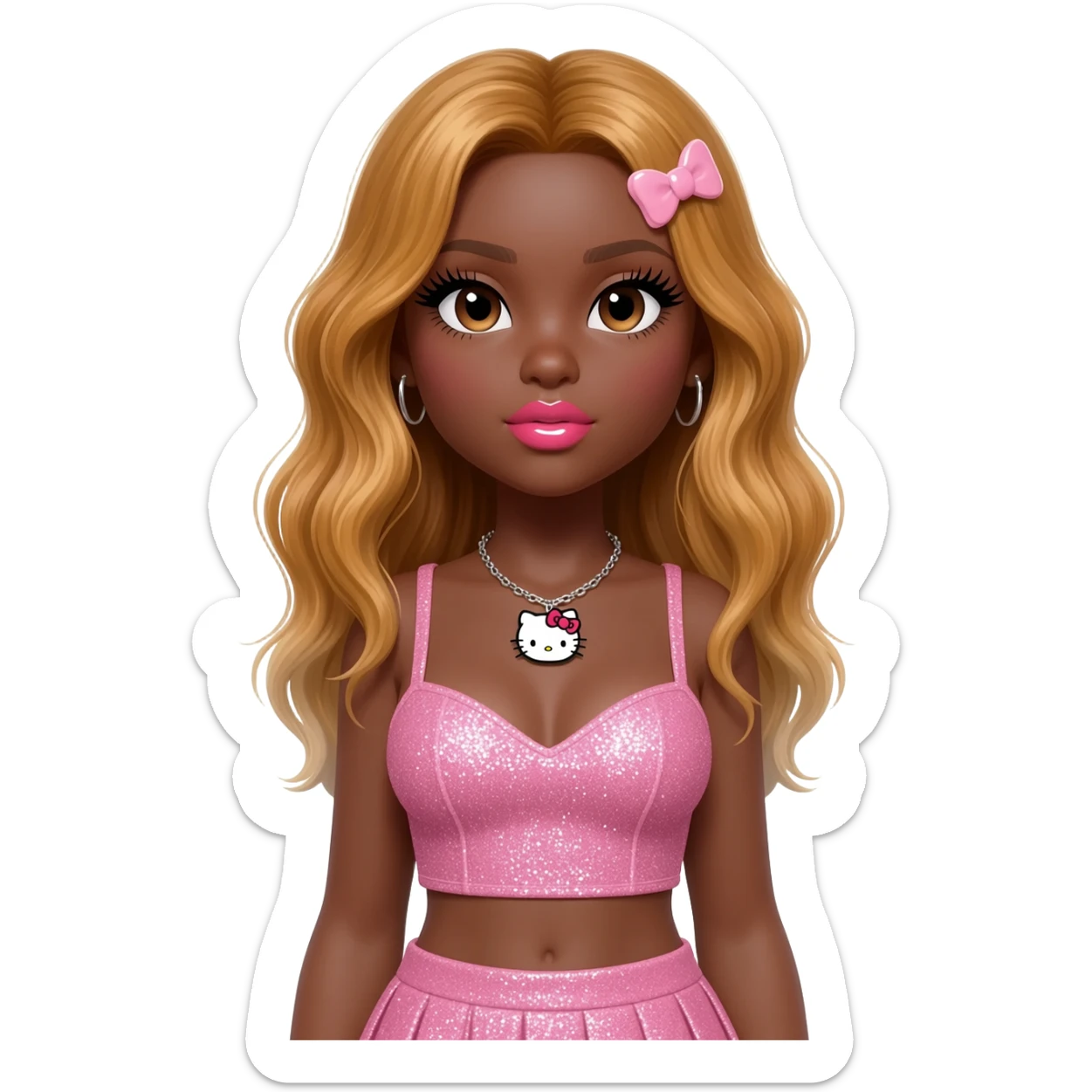 heart shaped lips, cute glossy lips, doll eyes with long lashes, dark brown skin, honey blonde hair, big chest, hello kitty necklace, one bow clip, bimbocore outfit sticker