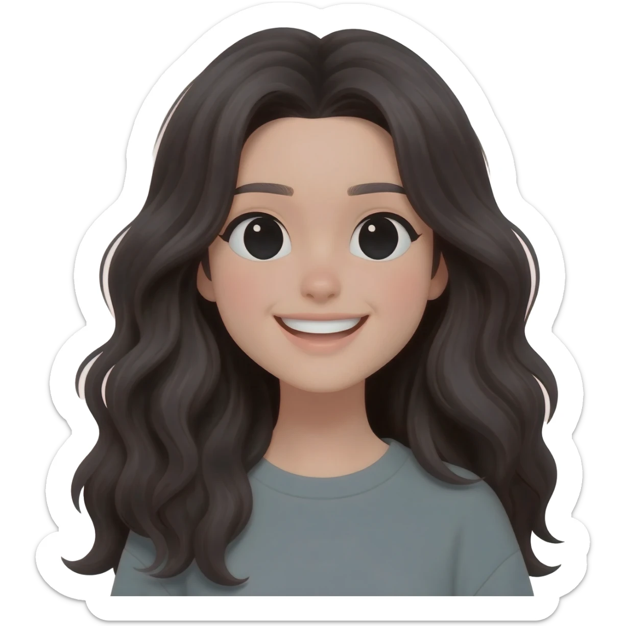 chica con pelo negro largo ondulado, piel clara y pálida y ojos negros con ropa casual sonriente sticker