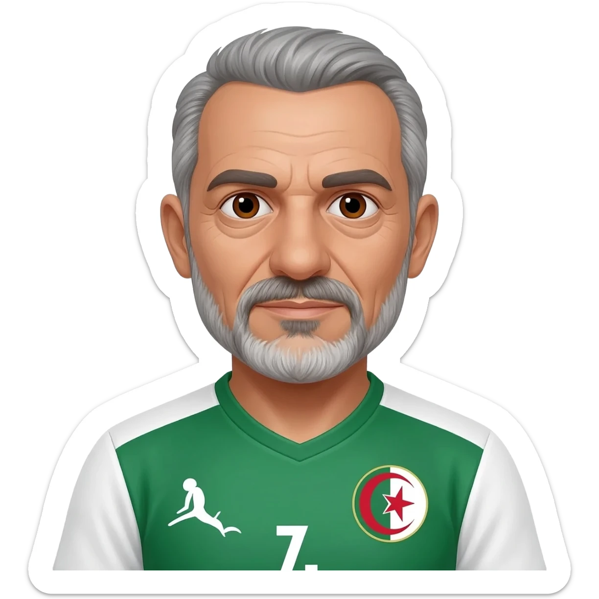 homme algérien peau claire yeux marrons 67 ans cheveux gris avec barbe légèrement grisonnant avec maillot blanc et vert foot Algérie sticker