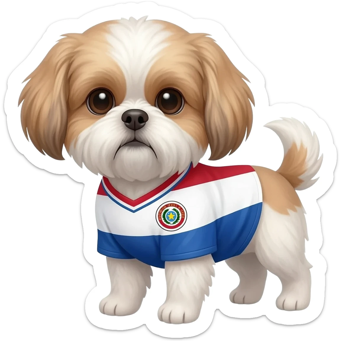 white and light brown shih zhu wearing a Paraguay soccer jersey v neck 2026 work cup sticker