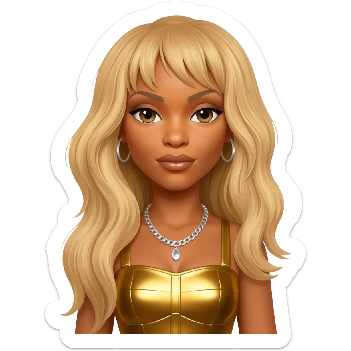 Beyonce from Destiny's Child with long blonde hair, gold metallic dress, silver necklace sticker