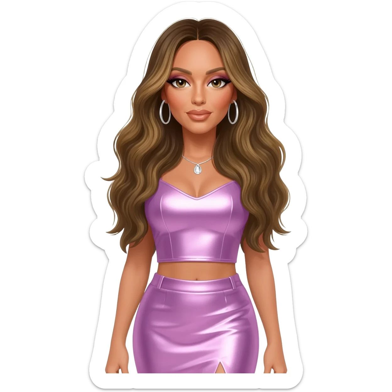 Mariah Carey with long dark blonde hair, lavender pink metallic crop top, lavender pink metallic skirt, silver earrings sticker