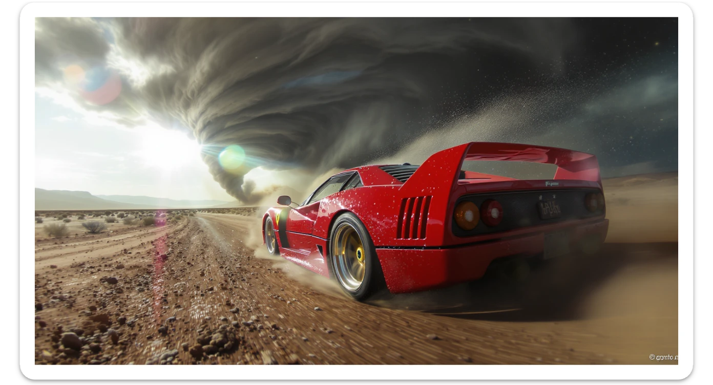 Cinematic still of a ferrari f40 around tornado od arizona desert, sun flare, captured by gopro hero with effect fisheye, water drops on car body, detailed, inspired by interstellar look sticker