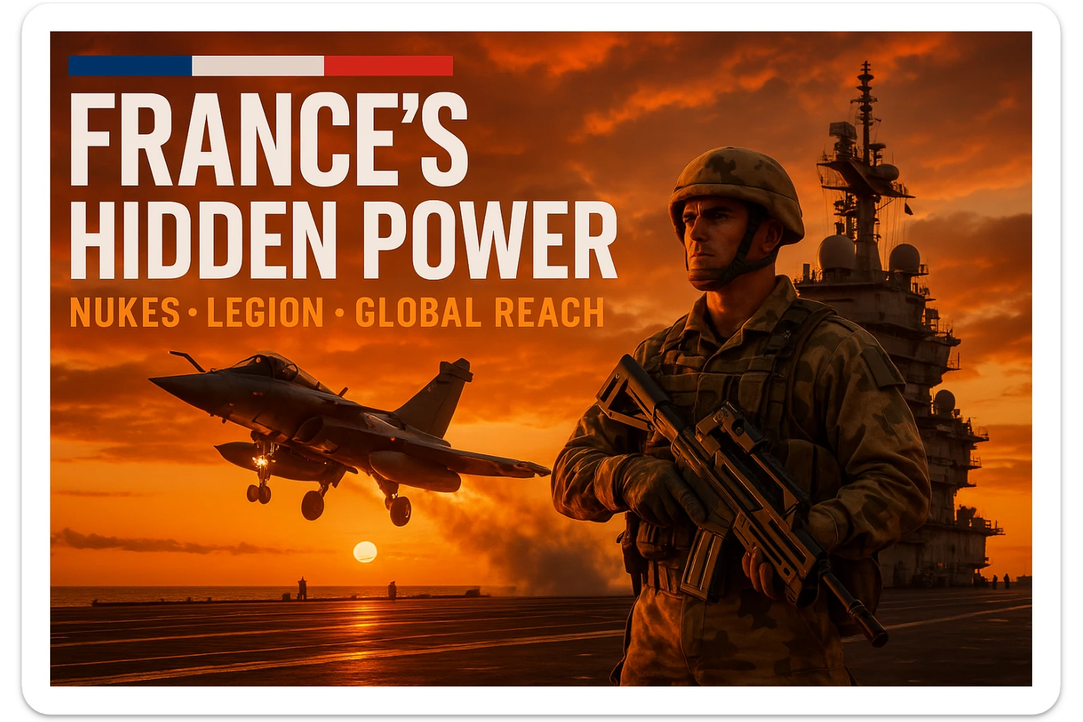 dramatic dusk shot of Rafale jet launching from Charles de Gaulle carrier with an orange sunset glow, foreground featuring a Foreign Legionnaire in desert camouflage holding a futuristic rifle, bold tricolor text 'FRANCE’S HIDDEN POWER' with subtext 'Nukes • Legion • Global Reach', epic composition, cinematic, 8K resolution sticker