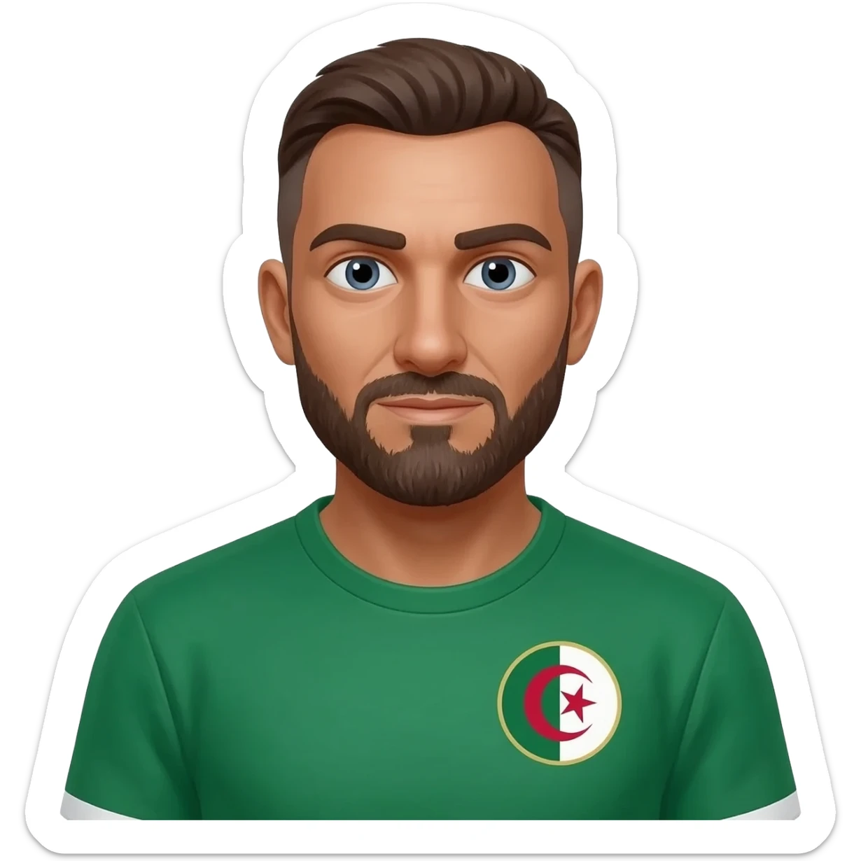 homme métisse algérien français peau claire 38 ans cheveux bruns petite calvitie et barbe avec maillot foot Algérie sticker