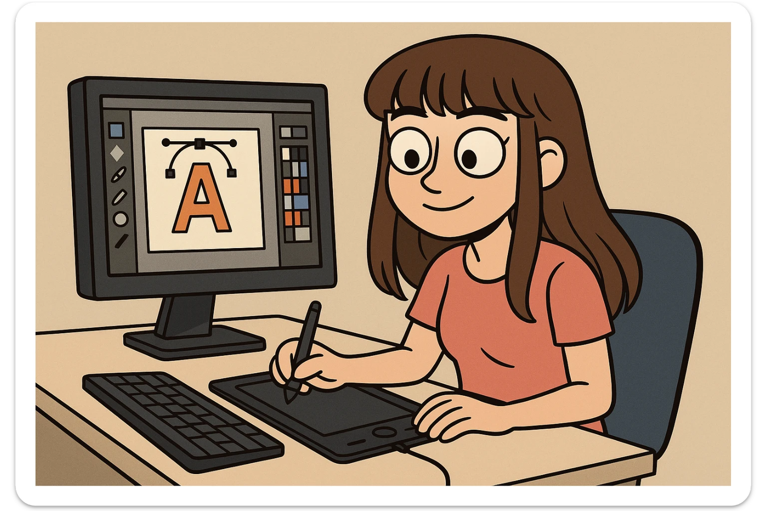 a girl graphic designer with long brown hair and bangs, brown eyes, working at a computer, flat toon style sticker