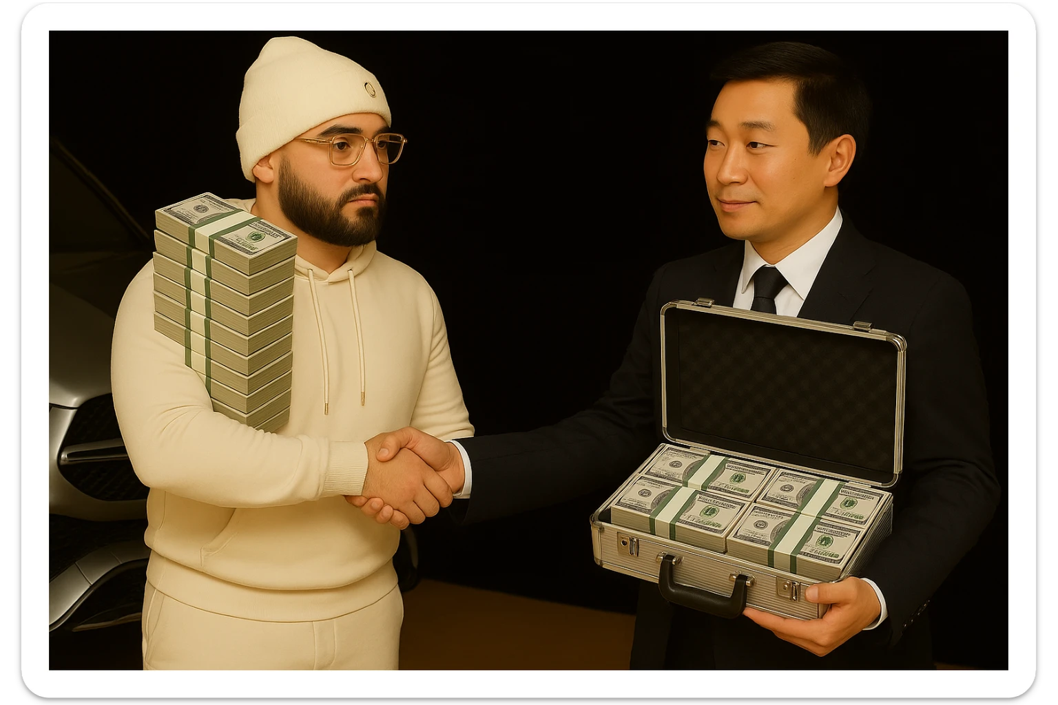 Edit the image of the Asian man holding a briefcase so that the briefcase is filled with US money instead of Chinese money. Keep the Cartier glasses on the man in the white hoodie and maintain the car in the background as is. Preserve the overall style and details of the original image. sticker