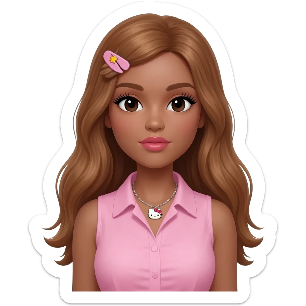 Long lashes, my melody hairclip, Doll faced shaped, hello kitty necklace, bimbo, black doll eyes, Big lips barbie, long dark brown skin with honey brown hair, light pink sleeveless shirt, big breast sticker