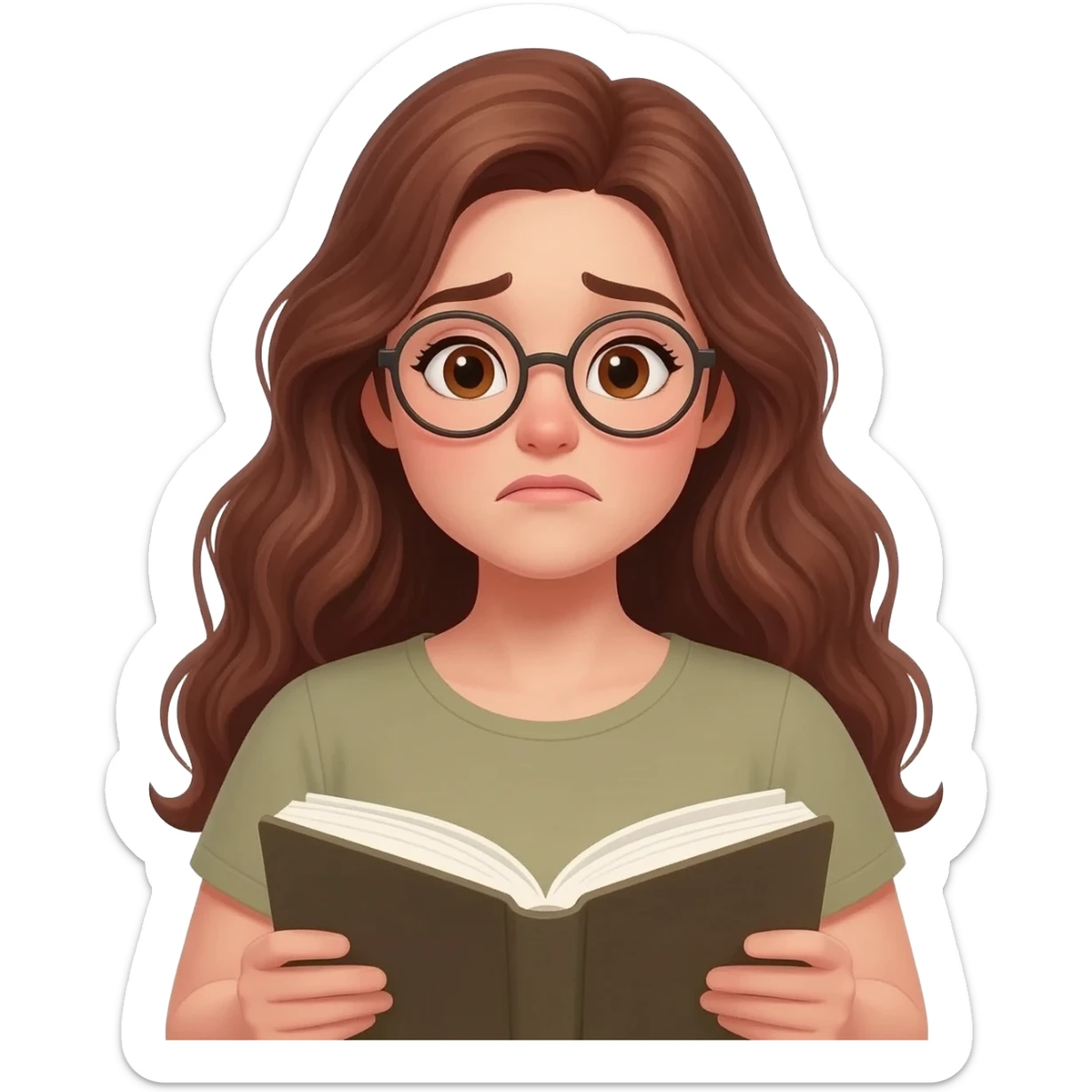 detailed emoji illustration of a curvy woman with long chestnut brown wavy hair, light brown eyes and round glasses reading a book with an emotional expression, touched by the story, emoji style sticker