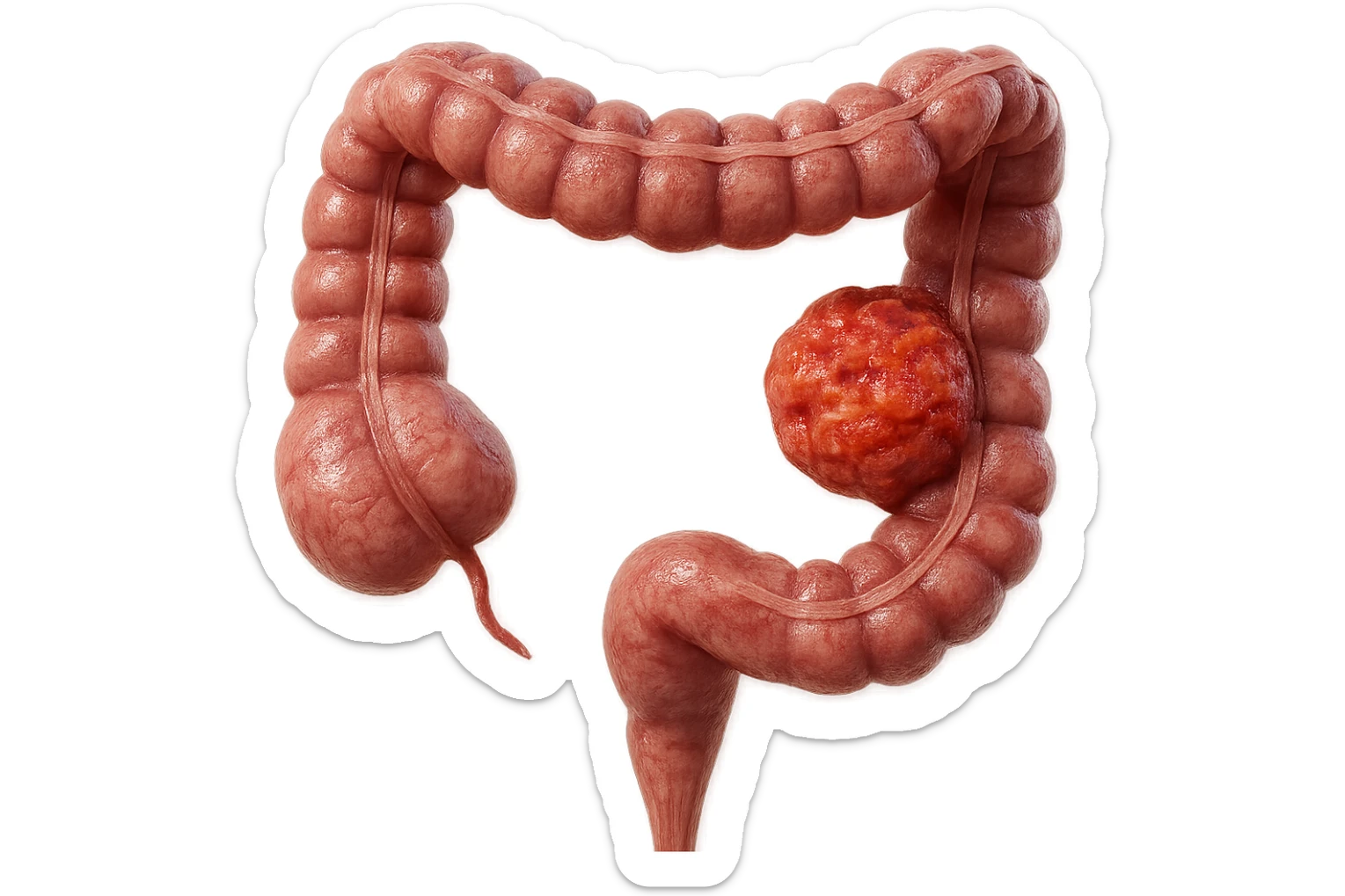colon umano anatomico realistico malato di cancro, fai un punto visibile in cui si nota proprio la massa tumorale, iperrealistico 4k sticker
