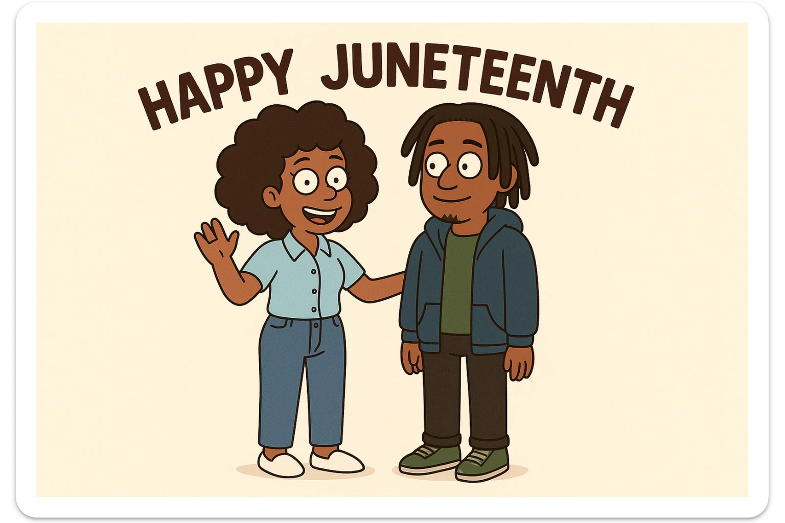 A woman Kinky hair light blue shirt blue jeans white shoes boy Dreadlocks dark brown hair green shuts navy blue zip up hoodie black jeans green shoes Bob Marley Vanessa Nakate Mae Jemison Happy JUNETEENTH sticker