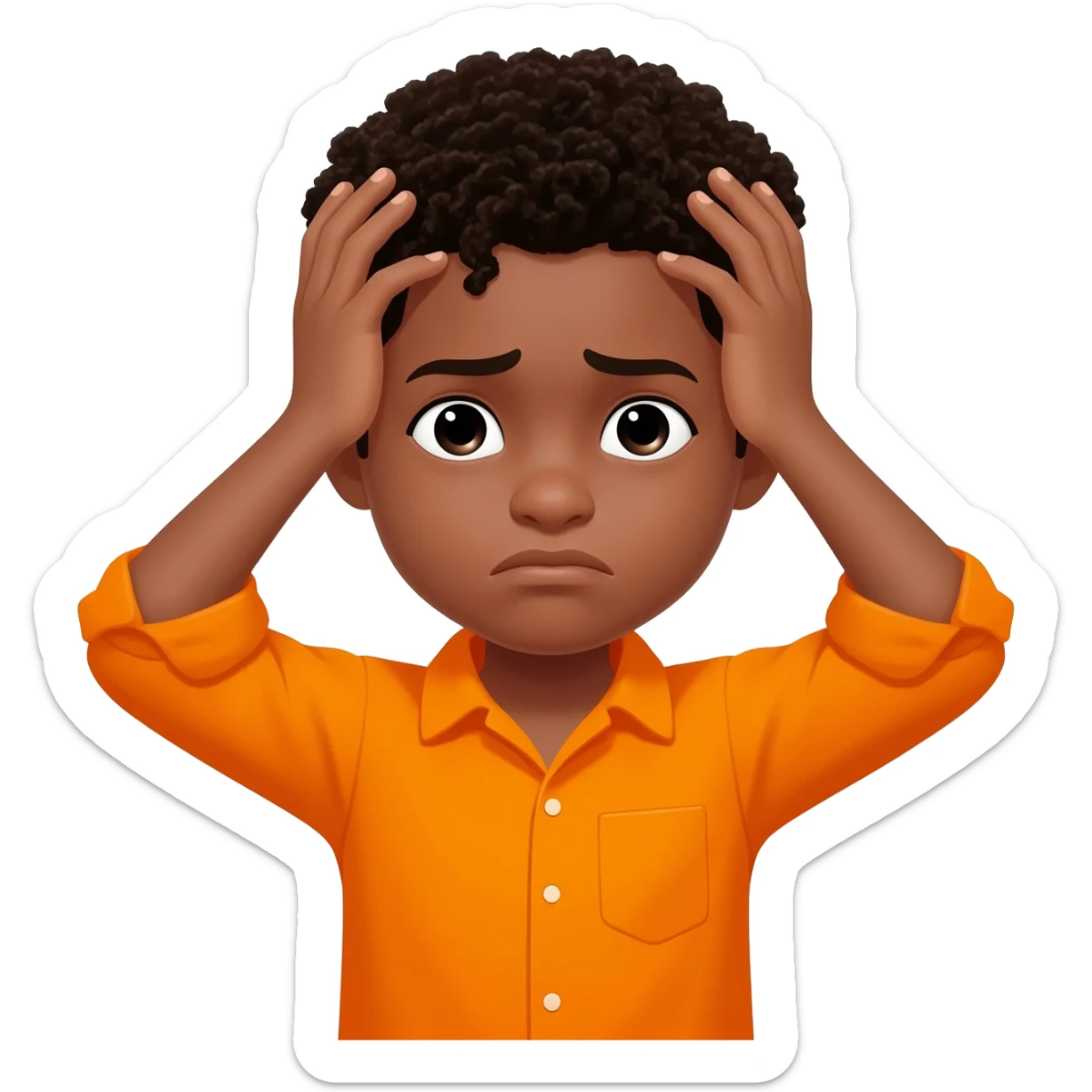 black boy curly hair orange shirt overwhelmed hands on head sticker