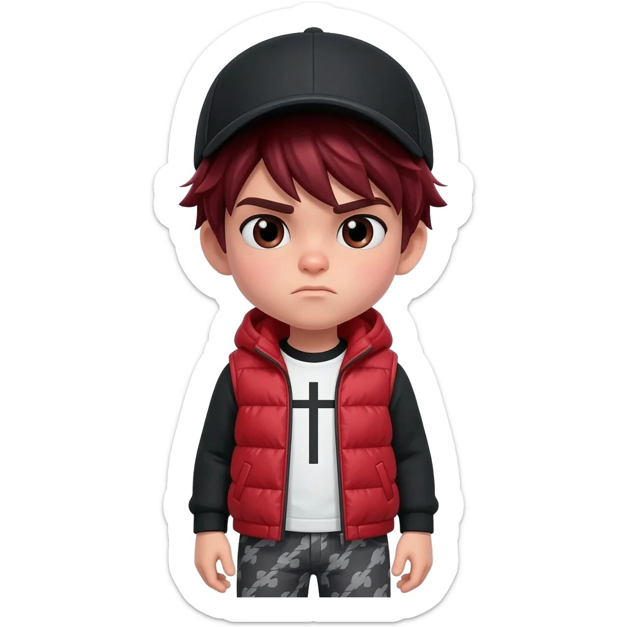 Cool Roblox boy avatar emoji, messy dark red hair, black cap, serious expression, red puffer vest, black long sleeves, white shirt with black cross design, gray patterned pants, stylish gamer vibe, 3D cartoon style, cute gaming emoji, bright lighting sticker