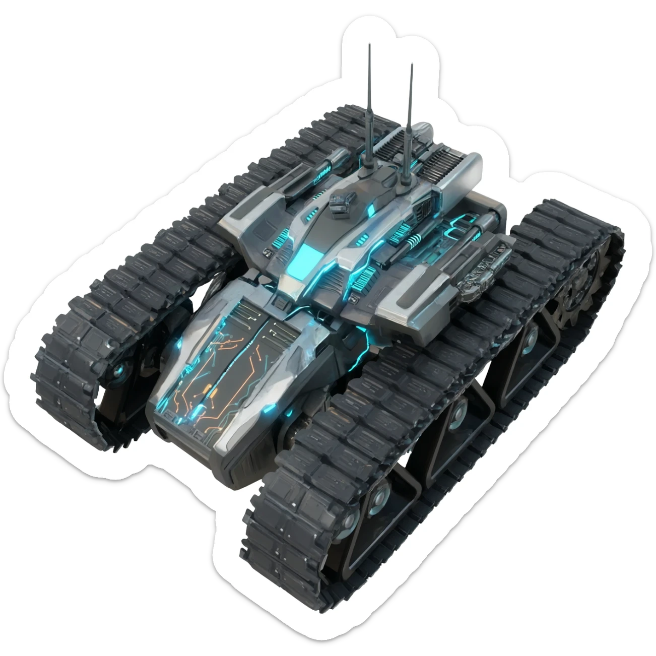 A top down view of a robot with tank tracks, in a cyber punk futuristic style far beyond what is currently available today, from the year 3000, the camera needs to be directly above the robot looking down sticker