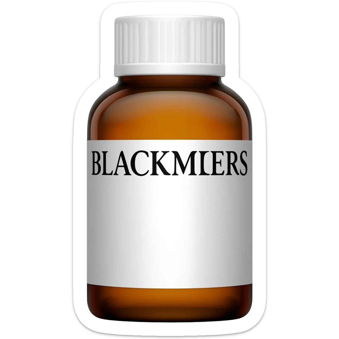 Studio product photo of an amber glass supplement bottle with a white cap, minimalist white label showing only “BLACKMORES” in bold black text, centered, soft shadow, ultra-realistic. sticker