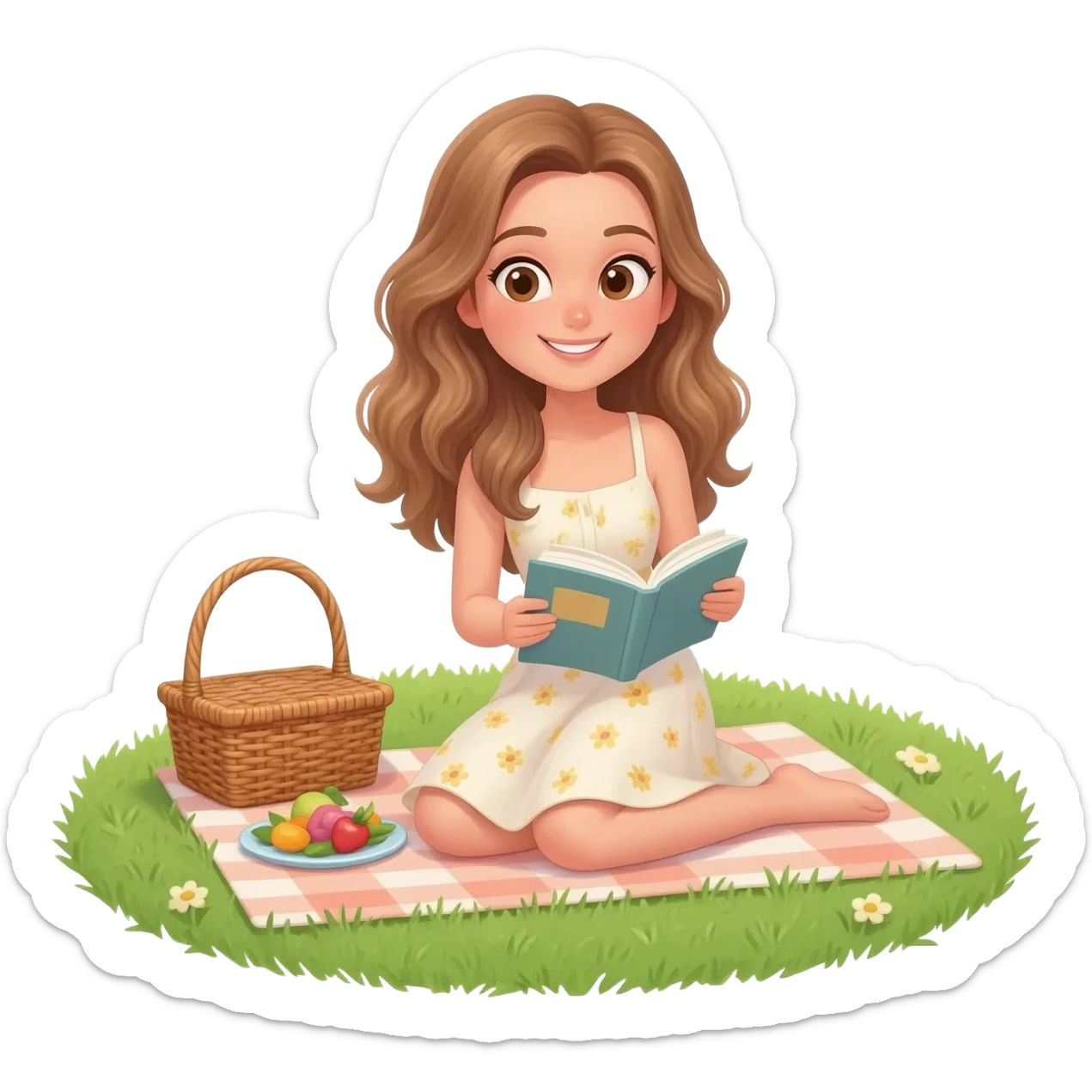 detailed emoji scene of a woman with long light brown wavy hair and light brown eyes reading a book while sitting in the grass, peaceful picnic atmosphere, emoji style illustration sticker