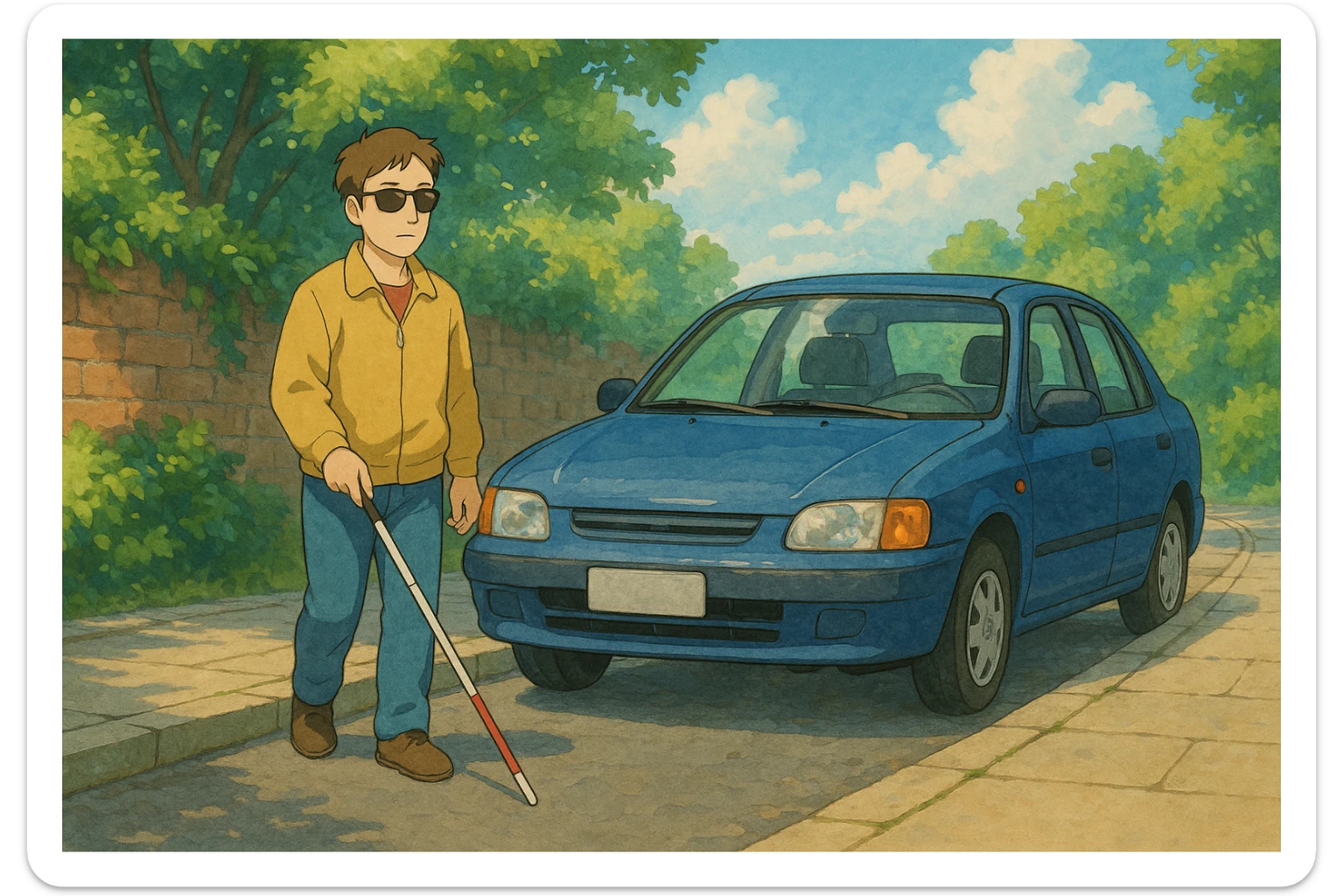 a blind person with a white cane walking on a pavement, but a car is parked blocking the path, ghibli style sticker