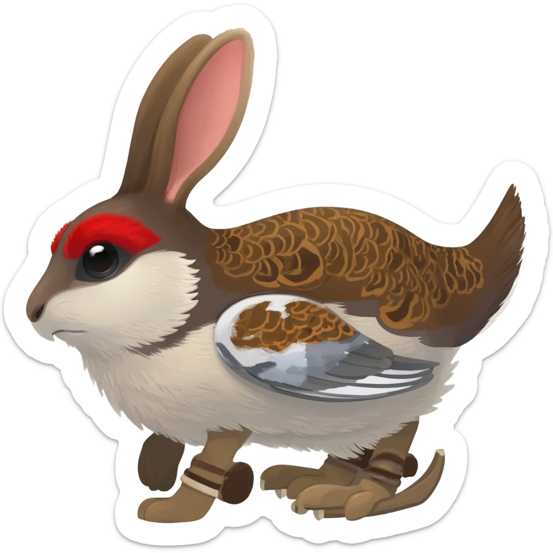 Rock Ptarmigan-Snowshoe-Hare-Koi-Fish-Pokémon-Fakémon-Animal-hybrid, full body, with red marking over eye sticker