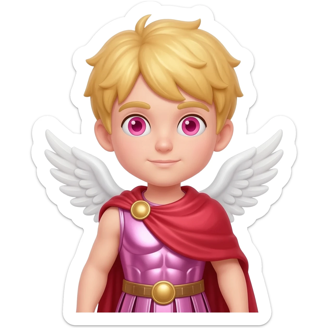 Cupid from Roman Mythology with rose-pink eyes, blonde hair, pink metallic tunic, red metallic cloak sticker