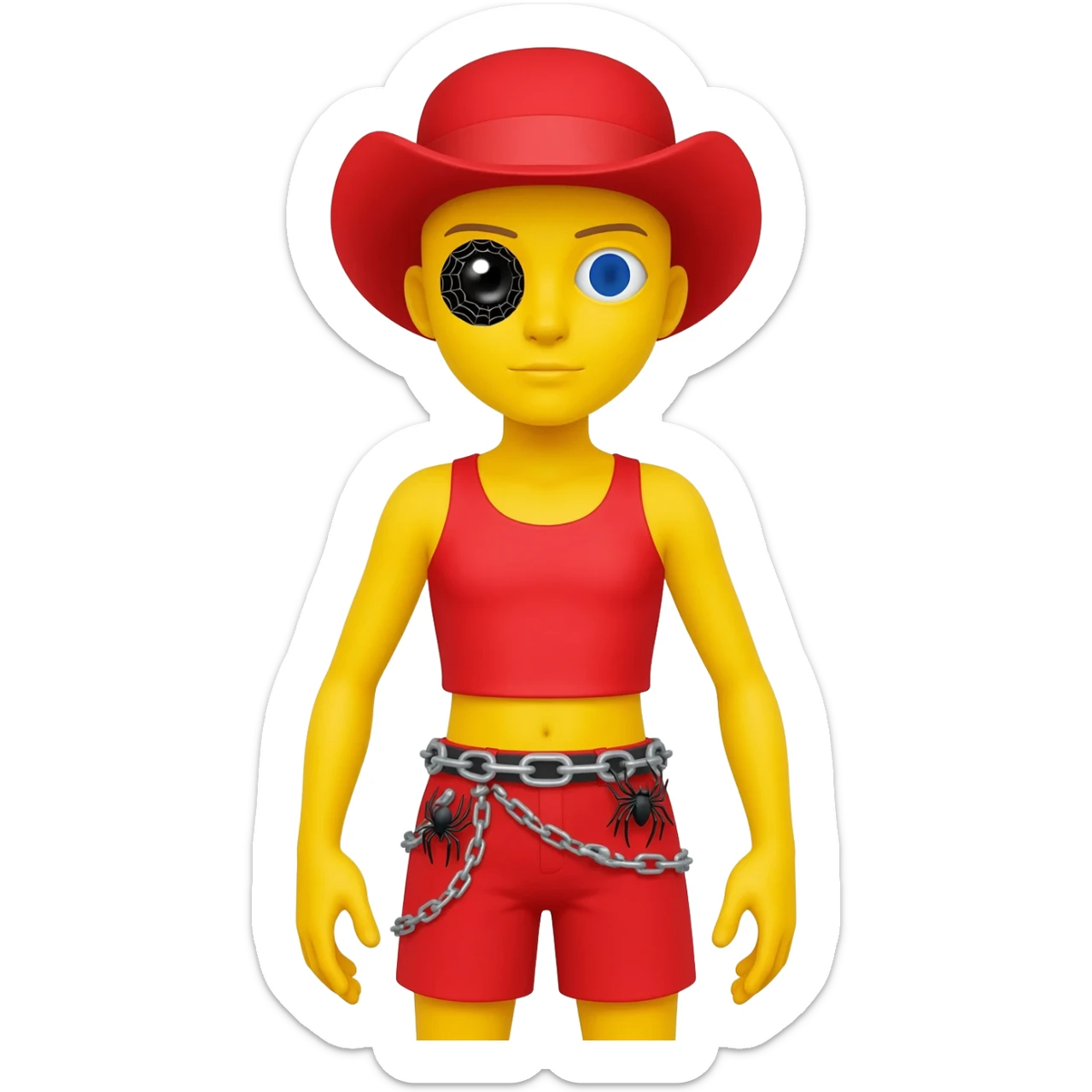 Make a yellow character with a black spider eye and a normal eye and a red top and shorts and a grey spider chain and a red hat sticker