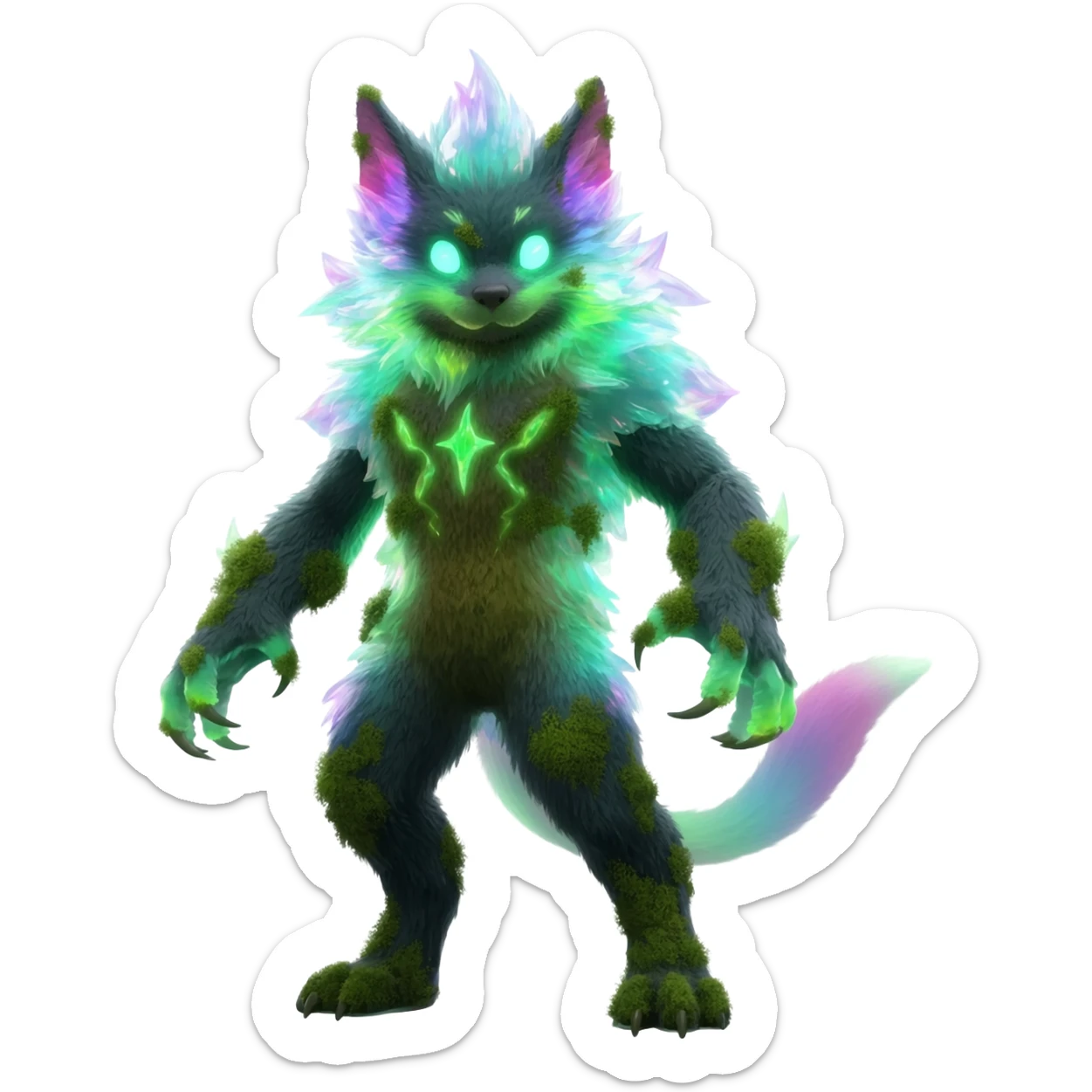 Realistic Sharp mossy elemental detailed Colorful translucent luminescent glowing Trico-Noibat-batty-Sergal-Furret-Ferret-Wolverine-Vernid-furry-fursona-fusion-Fakemon-animal-hybrid-creature, full body sticker