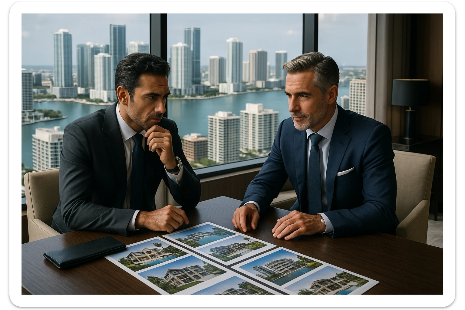 Foto hiper realista que refleje a nuestro cliente ideal de real estate: Empresarios y propietarios internacionales que necesitan vender, reinvertir o diversificar su portafolio en propiedades residenciales o comerciales en Miami, con absoluta confidencialidad y criterio. sticker