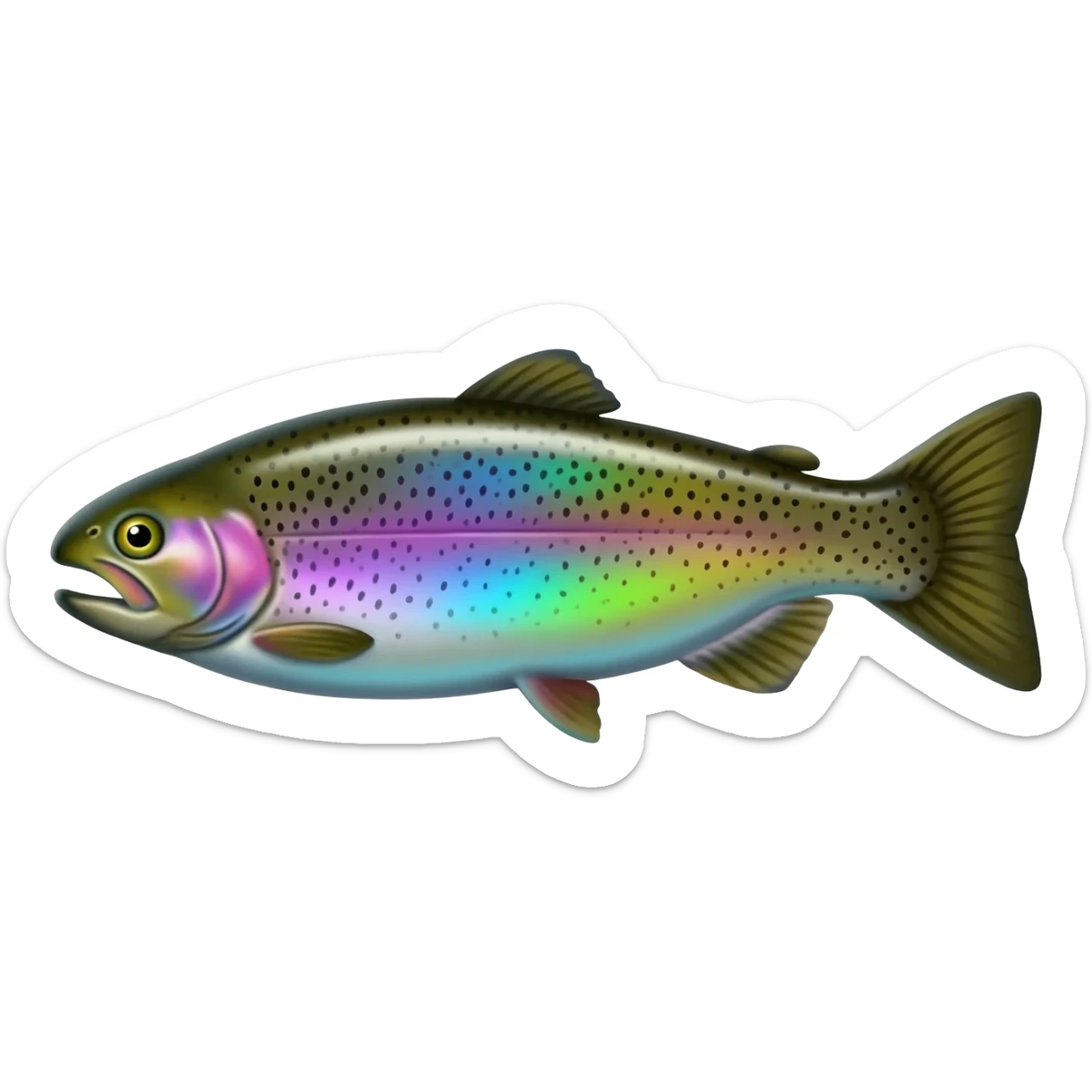 realistic rainbow trout fish bright purple blue green yellow white with black speckles sticker