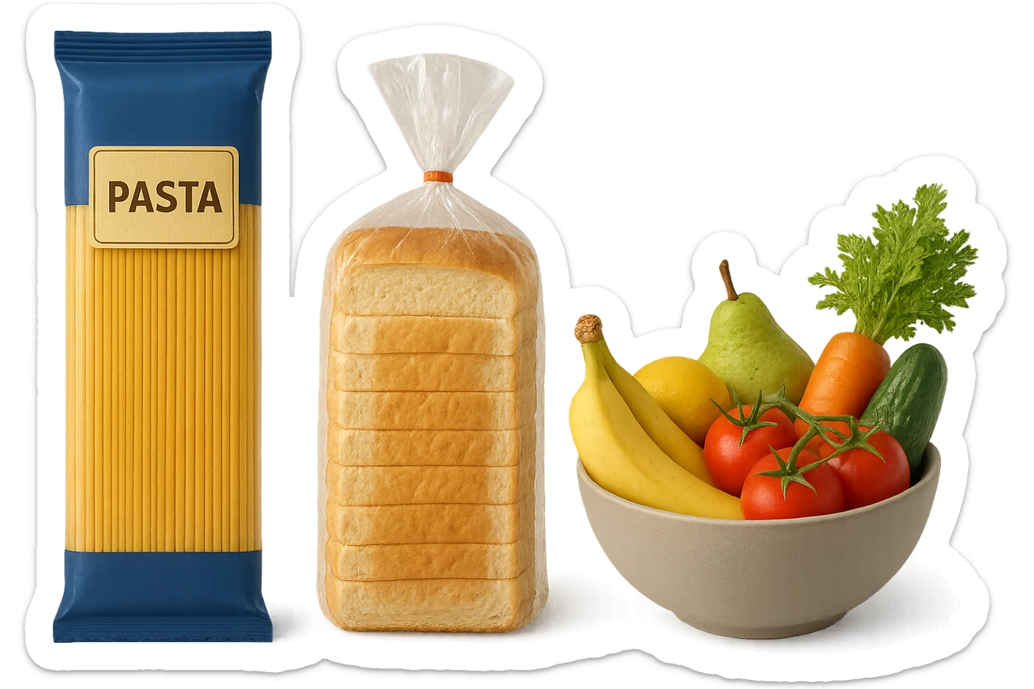 pacco di pasta realistico, pacco di pane, bowl di frutta e verdura, 4k sticker